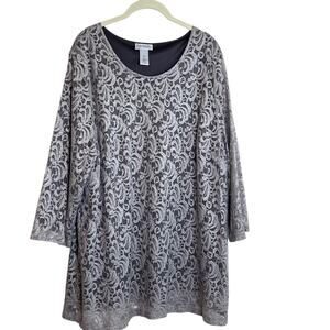 Maggie Barnes for Catherines Womens 2X Knit Top Silver Lace Overlay Blouse